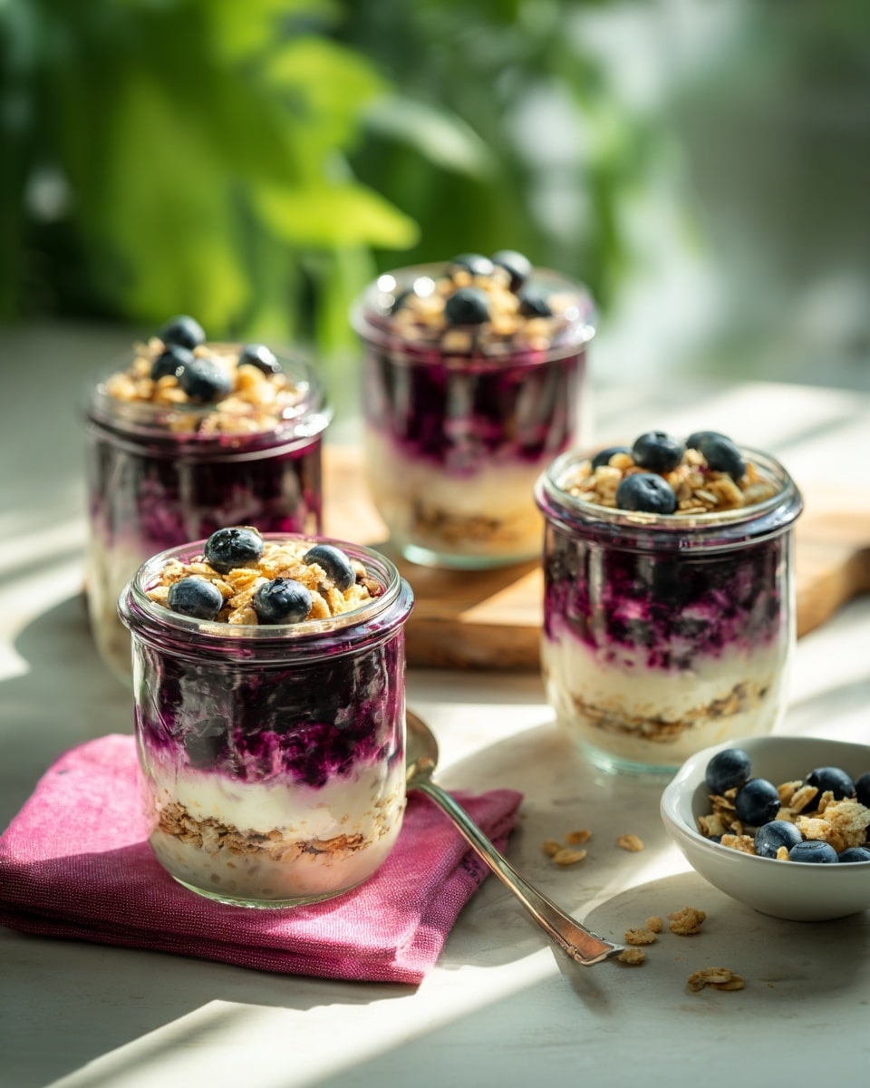 The image shows four glass jars filled with layered blueberry overnight oats placed on a wooden table with a vibrant pink napkin under the front jar. Each jar has three layers: a bottom creamy beige oat layer, a middle layer of dark purple blueberries tightly packed, and a top creamy oat layer mixed with blueberries and topped with a crumble of golden granola and fresh blueberries. A spoon with some oats and blueberries is inside the back left jar. At the bottom right, a white bowl containing loose blueberries and granola is partly visible. The background is green and blurred, suggesting an outdoor setting. photo taken with an iphone --ar 4:5 --v 7