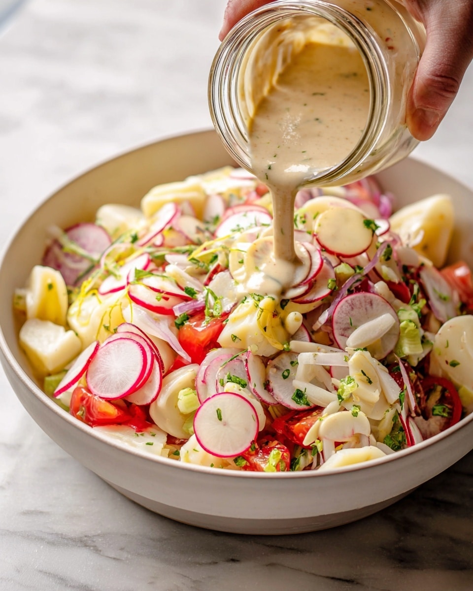 A close-up of a salad in a white bowl on a white marbled texture, showing many layers of fresh ingredients. The bottom layer has light yellow sliced hearts of palm, round and tubular in shape. Mixed on top are thin pale pink radish slices with red edges, and some small green parsley pieces scattered throughout. There are also thin strips of purple onion and chunks of green celery mixed with red tomato slices visible underneath the radishes. Creamy yellow dressing is being poured from a small glass jar by a woman's hand, drizzling over the salad textures. The colors are fresh and bright, with a mix of soft and crisp textures. photo taken with an iphone --ar 4:5 --v 7