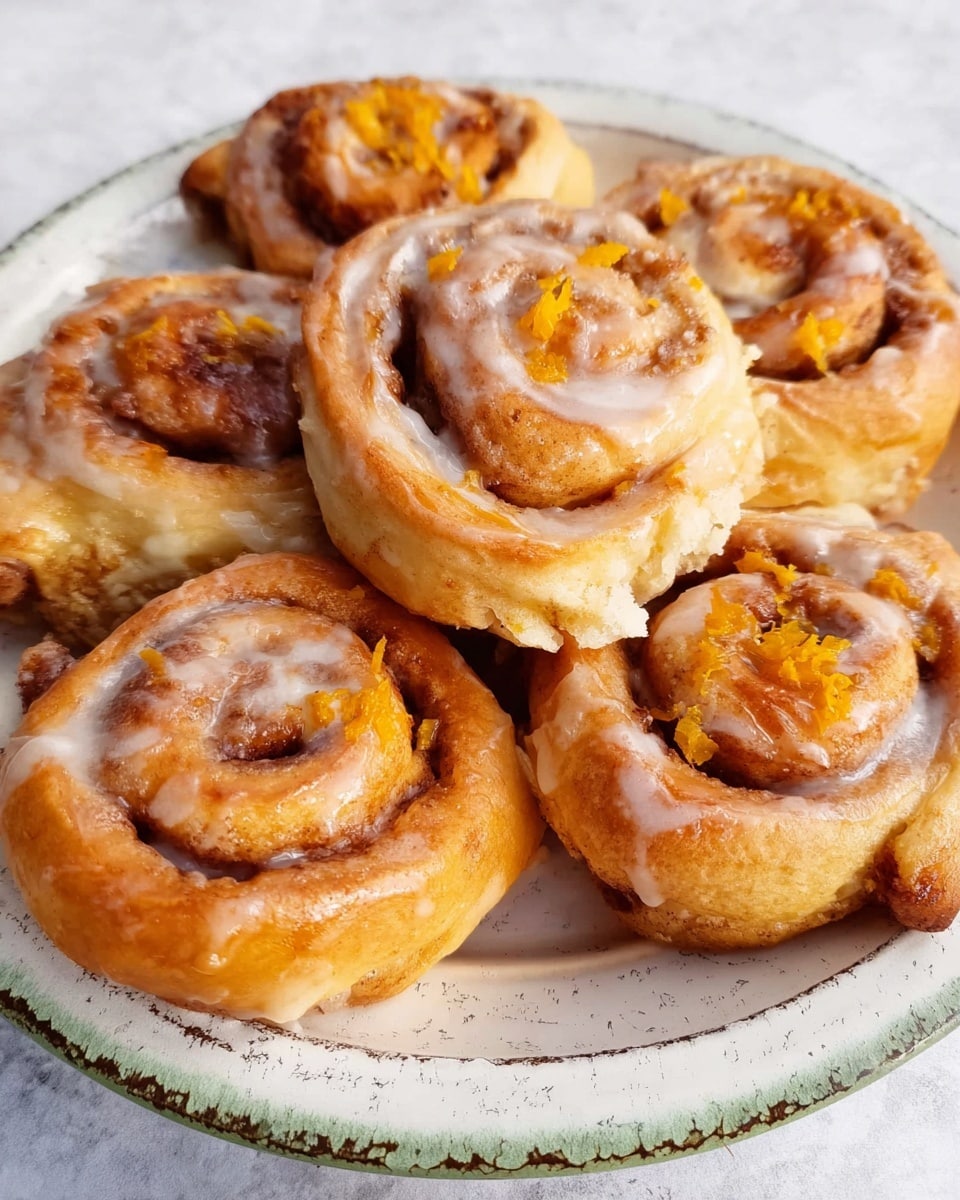 The image shows six cinnamon rolls on a white plate with a cracked pattern and a dark edge. Each roll has a golden-brown baked dough base with swirled layers, showing light brown cinnamon filling inside. On top, there is a thin layer of shiny white icing drizzled unevenly. Small bits of orange zest are scattered over the icing, adding a bright pop of color against the creamy glaze and warm dough. The plate sits on a white marbled surface. Photo taken with an iphone --ar 4:5 --v 7