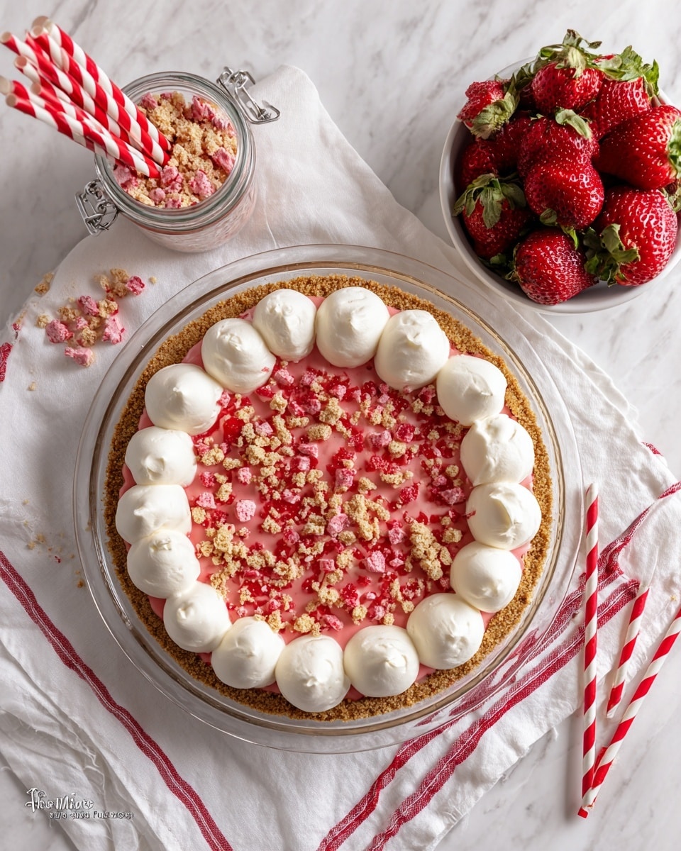 The image shows a round dessert in a clear glass pie dish on a white marbled surface with a white cloth featuring two red stripes underneath it. The dessert has a crumbly light brown crust base, topped with a thick layer of bright pink strawberry filling scattered with red and beige crumbs. Around the edge of the dessert are evenly spaced, large dollops of smooth white whipped cream. To the right, there is a small white bowl filled with fresh red strawberries with green leaves. Above the dessert, a jar full of red and white striped paper straws and a small glass jar with a latch containing pink and beige crumbs can be seen. Two striped paper straws also lie near the strawberries. photo taken with an iphone --ar 4:5 --v 7