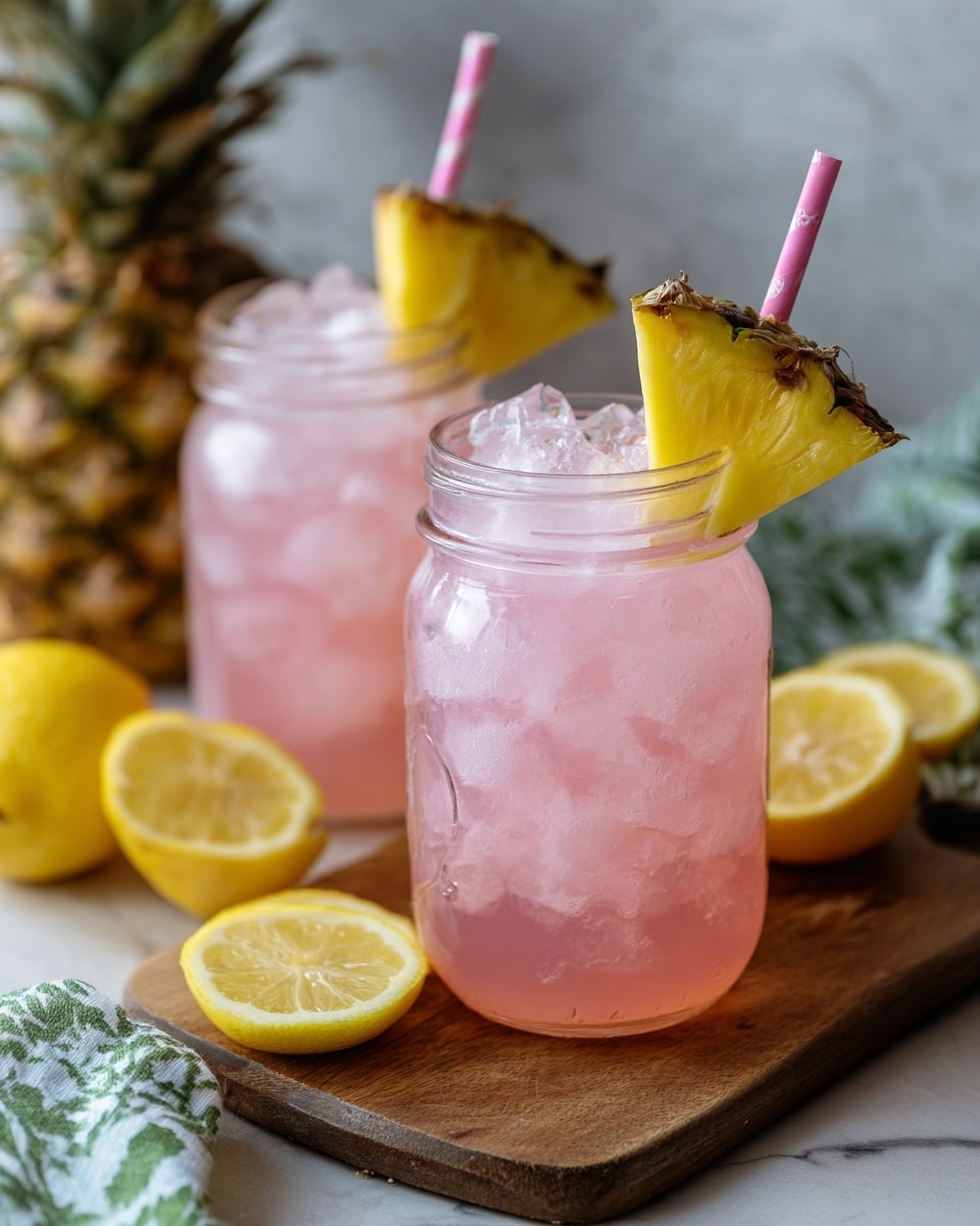 Two clear glass jars hold pink iced drinks filled with translucent ice cubes. Each jar is topped with a fresh yellow pineapple wedge, which has a dark brown edge, placed on the rim. A pink-striped straw sticks out from the jar in the front. The jars sit on a wooden board with several sliced yellow lemons and a green-and-white patterned cloth nearby. In the background, there is a whole pineapple and a soft white marbled surface. The lighting is soft and natural, giving the drinks a fresh and inviting look. photo taken with an iphone --ar 4:5 --v 7