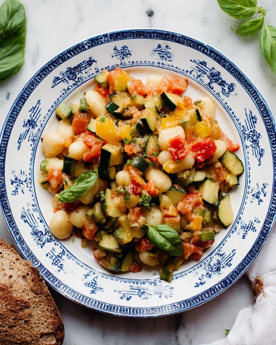 A white plate with blue decorative patterns holds a mixed vegetable dish with about three layers. The base layer is made up of soft gnocchi pieces in pale off-white, scattered evenly. On top of this, there is a mix of diced green zucchini, bright yellow bell peppers, and chunky red tomatoes, all cooked and holding a soft texture. The top layer is fresh small green basil leaves spread across the vegetables, adding bright green spots. The plate is placed on a white marbled surface with a small piece of brown bread on the bottom right corner and a few basil leaves near the top right edge. Photo taken with an iphone --ar 4:5 --v 7