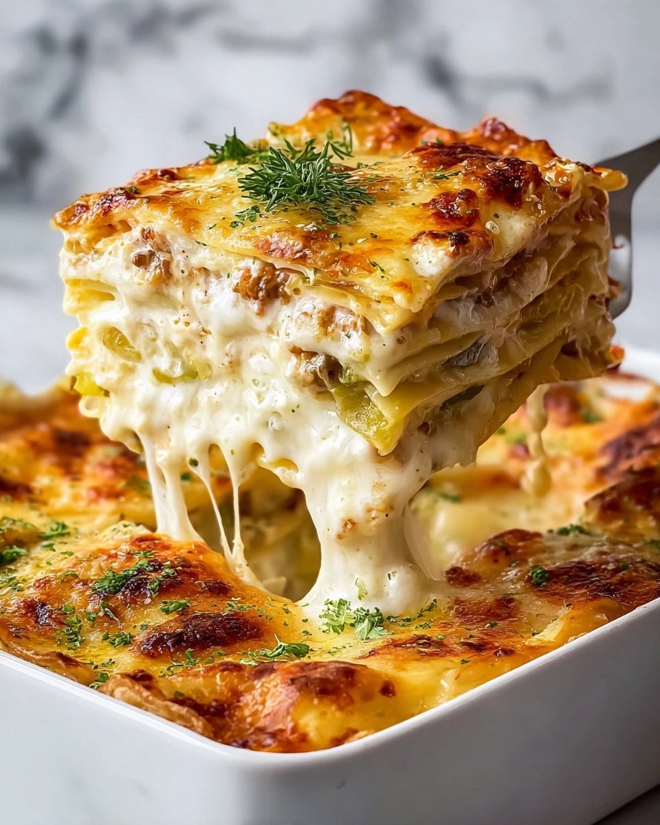 A thick slice of lasagna is being lifted, showing multiple layers including a golden-brown, slightly crispy cheese top layer with green herb garnish, creamy white cheese layers that melt and stretch as the slice is lifted, mixed with light green vegetable layers and thin pasta sheets in between, all held in a white baking dish on a white marbled surface. The lasagna looks hot and gooey with a rich, textured look of melted cheese and visible baked spots on top. Photo taken with an iphone --ar 4:5 --v 7