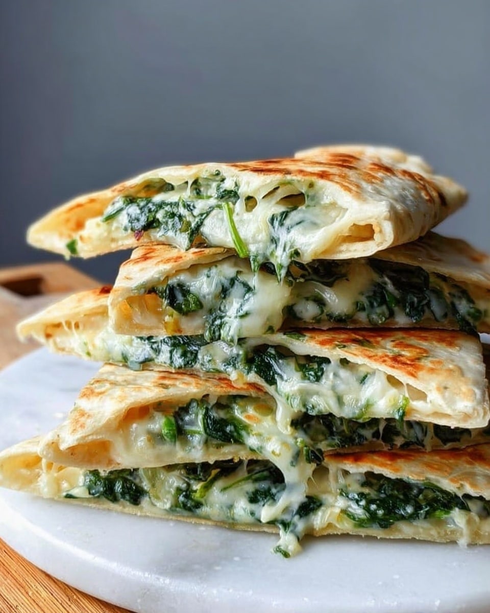 A stack of four triangular flatbread pieces filled with melted cheese and finely chopped spinach is shown. Each piece is visibly toasted to a light golden brown on the edges, with creamy, green spinach and gooey white cheese filling oozing slightly between the layers. The stack is placed on a white plate on a white marbled surface with a soft gray background. The layers of filled flatbread are unevenly piled, creating a casual and inviting look. Photo taken with an iphone --ar 4:5 --v 7