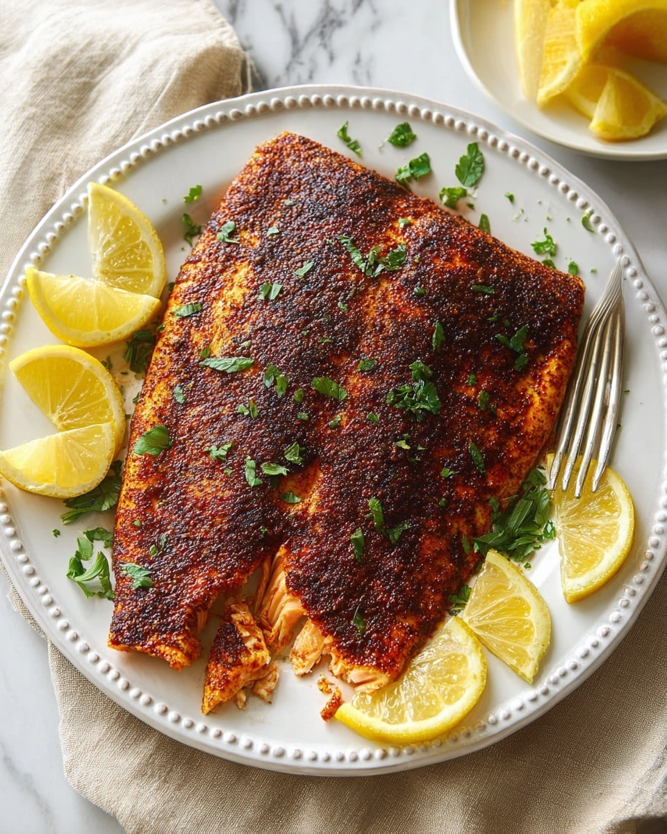 A large grilled fish fillet with a dark, crispy, reddish-brown spice crust covers most of a white plate with a beaded edge, sprinkled with small green herb leaves. On the right side, a fork breaks the fish, showing flaky, light orange flesh underneath the crust. Around the fillet, there are several bright yellow lemon wedges. The plate sits on a beige cloth over a white marbled surface with a small white plate holding extra lemon wedges in the top right corner. photo taken with an iphone --ar 4:5 --v 7