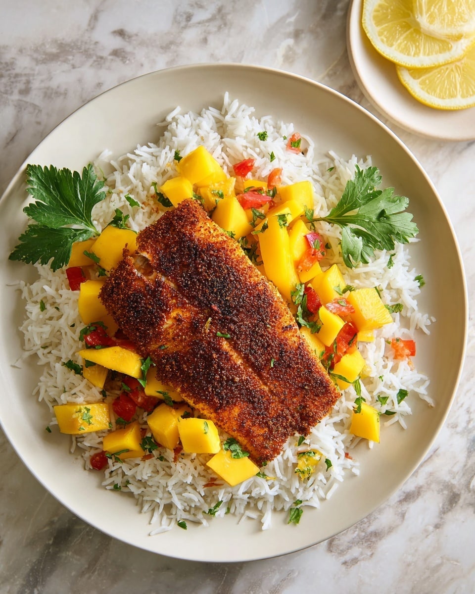 A white plate holds a bed of white rice as the bottom layer with soft, separated grains. On top, there is a large piece of crispy, dark reddish-brown seasoned fish fillet placed diagonally. Scattered on the fish and rice are bright yellow mango cubes mixed with small red tomato pieces and green chopped herbs, adding fresh color. A couple of fresh green parsley leaves rest on the rice for garnish. In the background, a small white plate with two lemon wedges can be seen on a white marbled surface. photo taken with an iphone --ar 4:5 --v 7