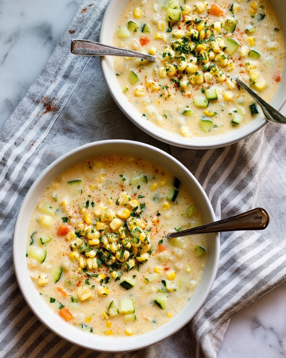 A close-up view of a white bowl filled with creamy corn chowder featuring visible layers of yellow corn kernels, light green zucchini cubes, small bits of orange carrot, and green herbs sprinkled on top. The chowder has a rich, creamy texture with a speckling of black pepper and red spices, giving it a warm, inviting look. A woman’s hand with blue-painted nails holds a spoon stirring the chowder from the lower left corner. The bowl sits on a white marbled surface with a bit of a cloth napkin peeking out at the bottom right. photo taken with an iphone --ar 4:5 --v 7