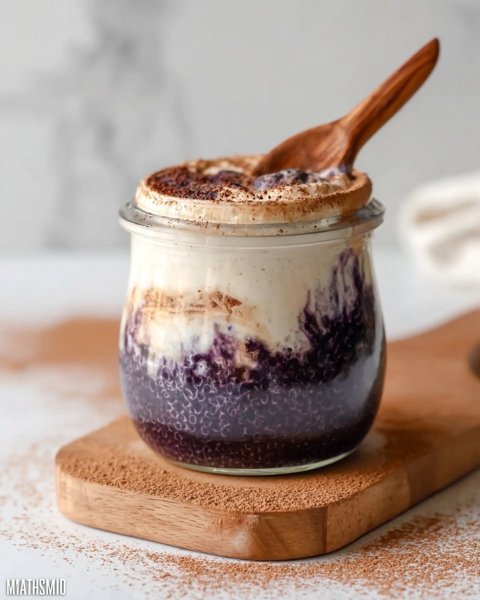 A clear jar filled with three visible layers, the bottom layer is dark purple with a thick and textured look, likely blueberry chia pudding, the middle layer is creamy white with a smooth texture blending slightly with the purple beneath, and the top layer is fluffy white cream dusted generously with brown cocoa powder, some cream spilling slightly over the jar's rim; a wooden spoon is dipped into the cream at the top, and in the blurred background, there is a white bowl full of fresh blueberries placed on a white marbled surface. photo taken with an iphone --ar 4:5 --v 7