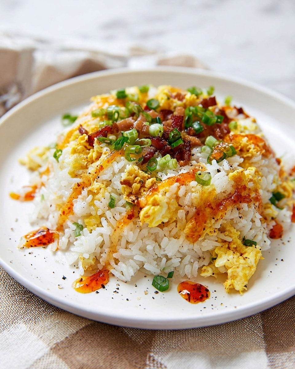 A close-up view of a metal pan filled with cooked fried rice made of white grains mixed with scrambled eggs. The eggs are yellow with some golden brown edges, scattered evenly in small chunks throughout the rice. There are bits of crispy brown bacon and small pieces of green herbs dispersed around. The pan is on a white marbled surface with a folded cloth that has blue stripes beneath the pan handle. The food appears warm, with a soft texture mixed with crisp bits. photo taken with an iphone --ar 4:5 --v 7