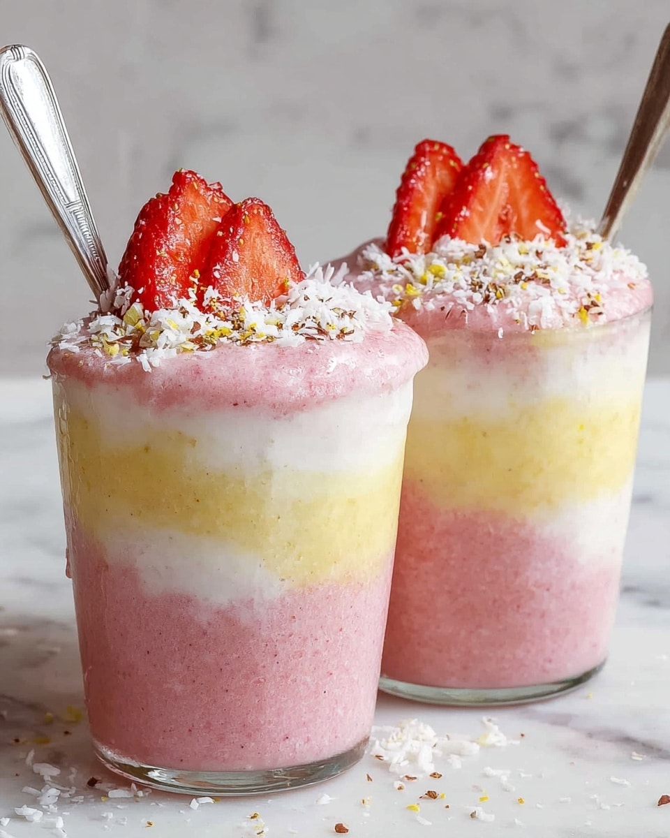 Two clear glass cups filled with a three-layer smoothie. The bottom layer is white and creamy, the middle layer is pale yellow with a smooth texture, and the top layer is a thick, pink smoothie that overflows slightly over the edges. Each cup is topped with two halves of fresh red strawberries and sprinkled with white shredded coconut and small brown granules. A silver spoon is inserted in each cup, with the spoons standing upright. The cups are placed on a surface with a white marbled texture. Photo taken with an iphone --ar 4:5 --v 7
