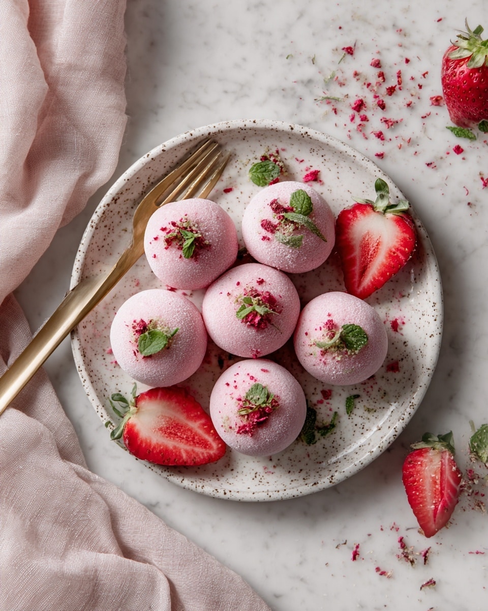 The image shows six small round pink sweets on a white speckled plate arranged in a close circular pattern. Each sweet is smooth and dusted with a powdery texture, topped with small green herb leaves and red crumbles. There are two halved bright red strawberries placed near the sweets, with one resting against them on the left and another on the white marbled surface to the right. A gold fork lies on the left side of the plate, and a soft pale pink cloth is spread on the right side of the surface. Scattered herb leaves and red crumbs decorate the plate, creating a fresh and colorful look. Photo taken with an iphone --ar 4:5 --v 7