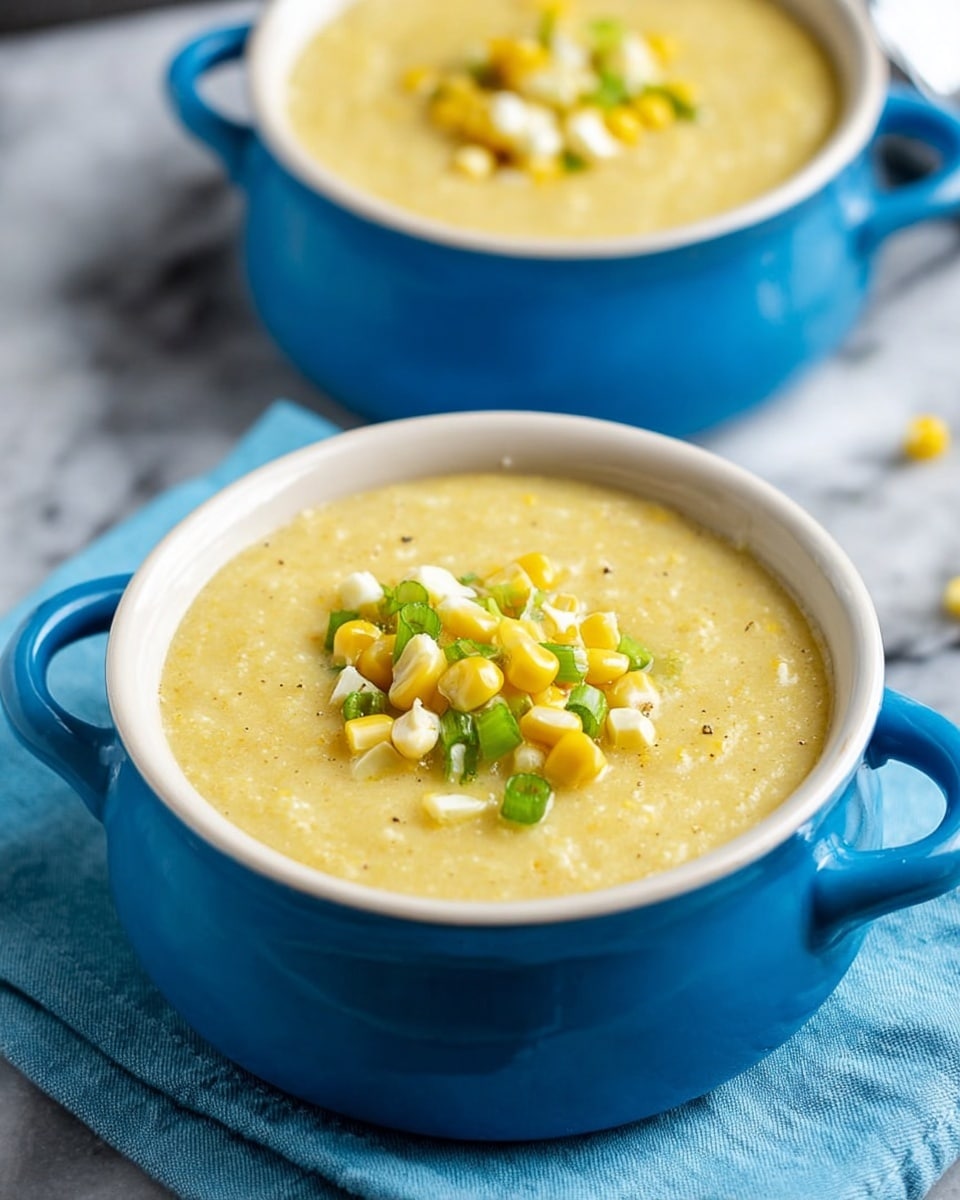 The image shows a bowl filled with creamy yellow corn soup with a slightly grainy texture. On top, there is a small pile of whole and cut corn kernels in pale yellow and white shades, mixed with chopped green onions, adding a fresh pop of green color. The bowl is white inside and bright blue outside, with a handle on the side. The bowl sits on a light blue cloth placed on a white marbled surface. A second similar bowl is partially visible in the background, also filled with the same soup and toppings. Photo taken with an iphone --ar 4:5 --v 7