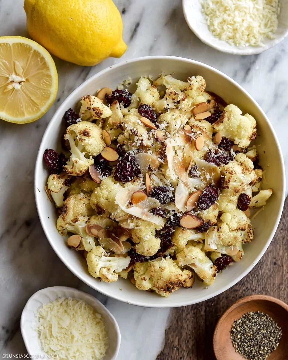 A white bowl filled with roasted cauliflower florets that are golden and slightly browned around the edges. Mixed in are thin slices of light brown almonds and small pieces of dark red dried cranberries, all topped with a sprinkling of fine grated cheese and black pepper. The bowl is placed on a white marbled surface with two halves of a lemon nearby, showing a bright yellow color and juicy texture. Next to the bowl are two small white dishes, one containing finely grated cheese and the other filled with cracked black pepper. Photo taken with an iphone --ar 4:5 --v 7