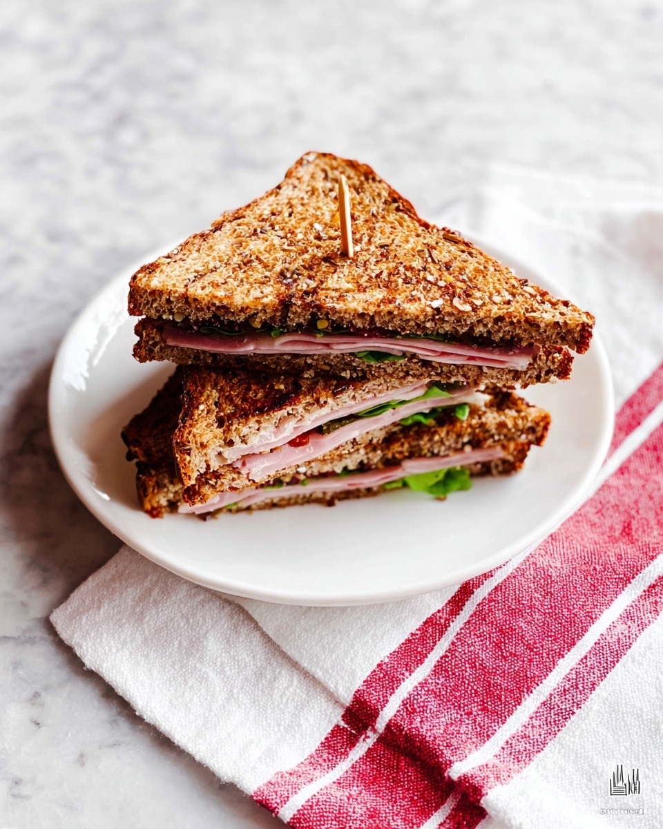 A toasted sandwich cut into four triangular pieces is stacked on a white plate. The sandwich has two layers of dark multigrain bread, each showing a crispy, browned surface with visible seeds and grains. Between the bread layers, thin slices of pink ham and some green leafy vegetables create a fresh contrast. Small wooden toothpicks hold each triangular section together. The plate is set on a white marbled surface with a white cloth featuring red stripes placed nearby. Photo taken with an iphone --ar 4:5 --v 7