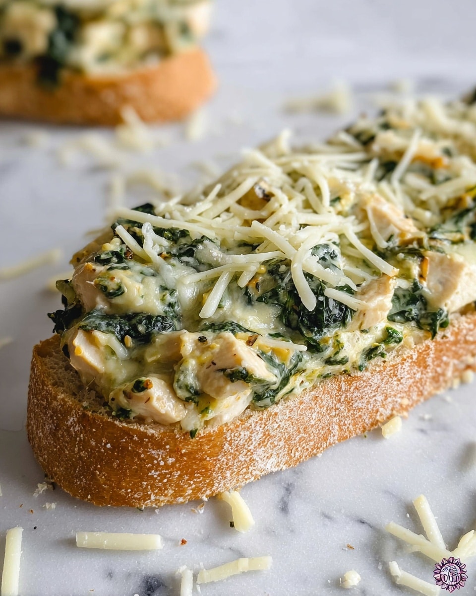 A close-up photo of an open sandwich on a white marbled surface, showing three main layers; the bottom layer is a thick, crusty, light golden-brown bread base with a rough texture, the middle layer is a mix of green spinach pieces and small chunks of cooked chicken, both covered in a creamy, light yellow sauce, and the top layer is sprinkled with melted white shredded cheese scattered unevenly across the sandwich and some cheese bits on the surface around it. photo taken with an iphone --ar 4:5 --v 7