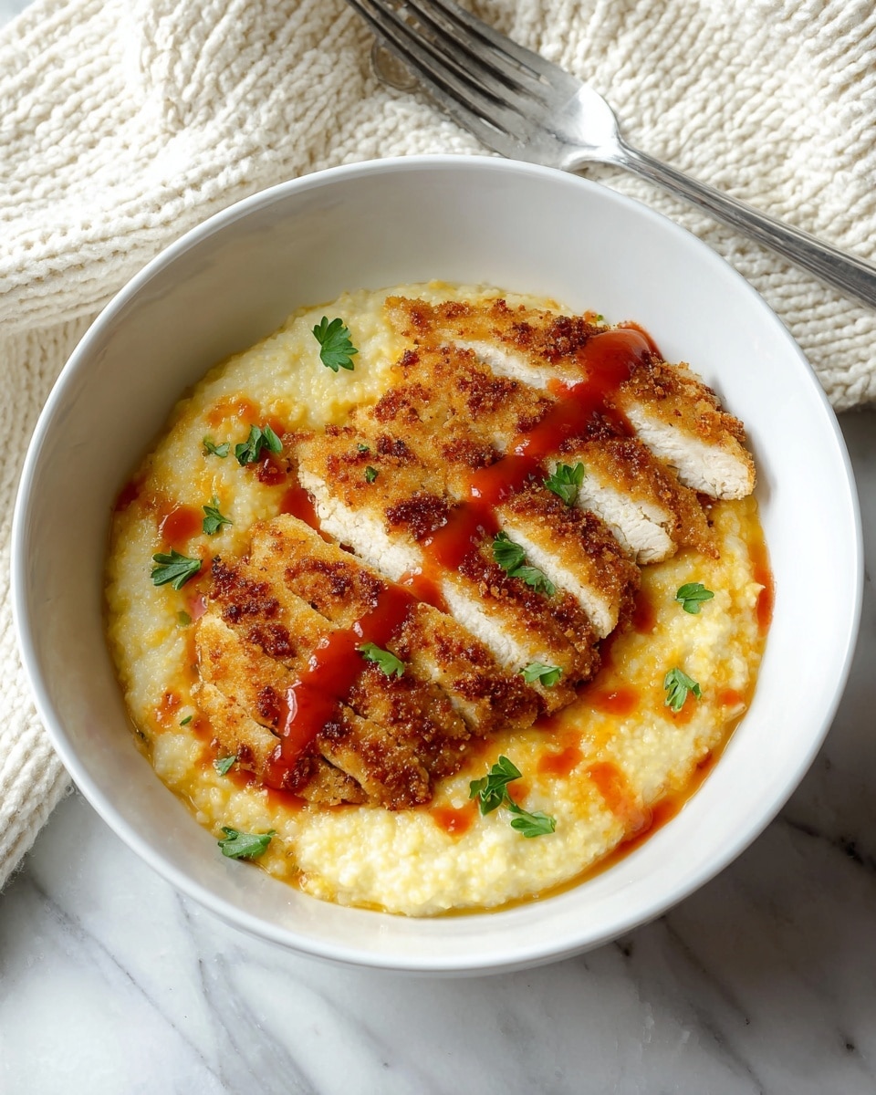 A white bowl contains two main layers: the bottom layer is creamy, light yellow grits with a soft, slightly chunky texture, topped with golden-brown breaded chicken sliced into six even pieces placed neatly side by side. A drizzle of bright red sauce with a slightly oily texture runs across the chicken, and small green parsley leaves are sprinkled on top as garnish. The bowl is set on a white marbled surface with a silver fork placed nearby. The background includes a soft, off-white knitted cloth. Photo taken with an iphone --ar 4:5 --v 7