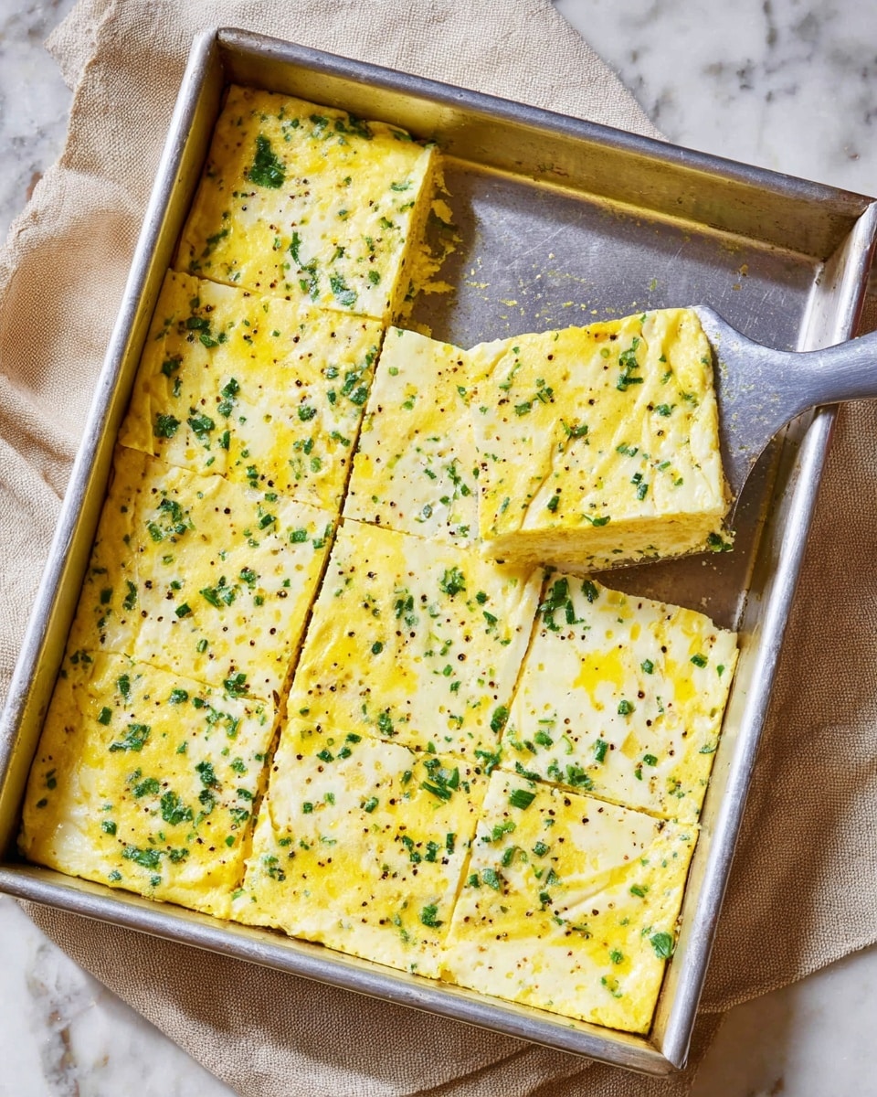 A metal baking pan holds a baked egg dish cut into six square pieces, one piece being lifted by a spatula showing a smooth, soft texture with tiny bits of green herbs and black pepper scattered throughout. The egg layer is pale yellow with specks of green and bright yellow, and the surface looks slightly shiny and moist. The pan sits on a white marbled surface with a beige cloth partially underneath. Photo taken with an iphone --ar 4:5 --v 7