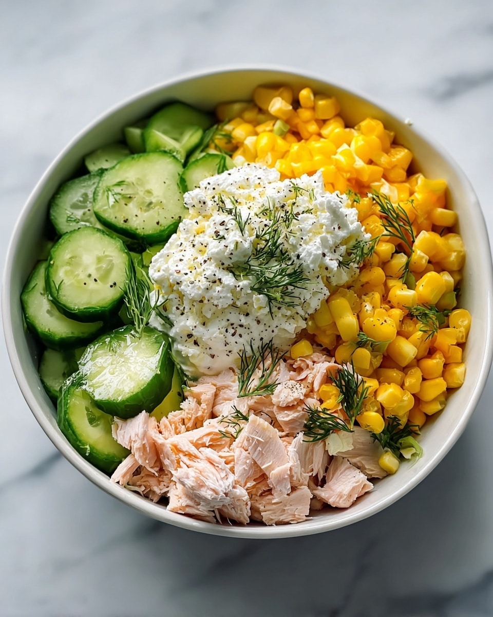 The image shows a white bowl filled with a vibrant, layered salad on a white marbled surface. The bottom layer consists of fresh cucumber slices arranged densely on one side, light green with a smooth texture. Next to them, bright yellow corn kernels form a small heap with a glossy, slightly wet look. In the center, there is a generous scoop of white, creamy cottage cheese sprinkled with black pepper and garnished with small, fresh sprigs of green dill. Around the cottage cheese, chunks of light pink shredded salmon are scattered, adding a soft texture to the dish. The salad is bright and fresh, with contrasting soft, firm, and crunchy textures, all presented in a clean, white bowl. photo taken with an iphone --ar 4:5 --v 7