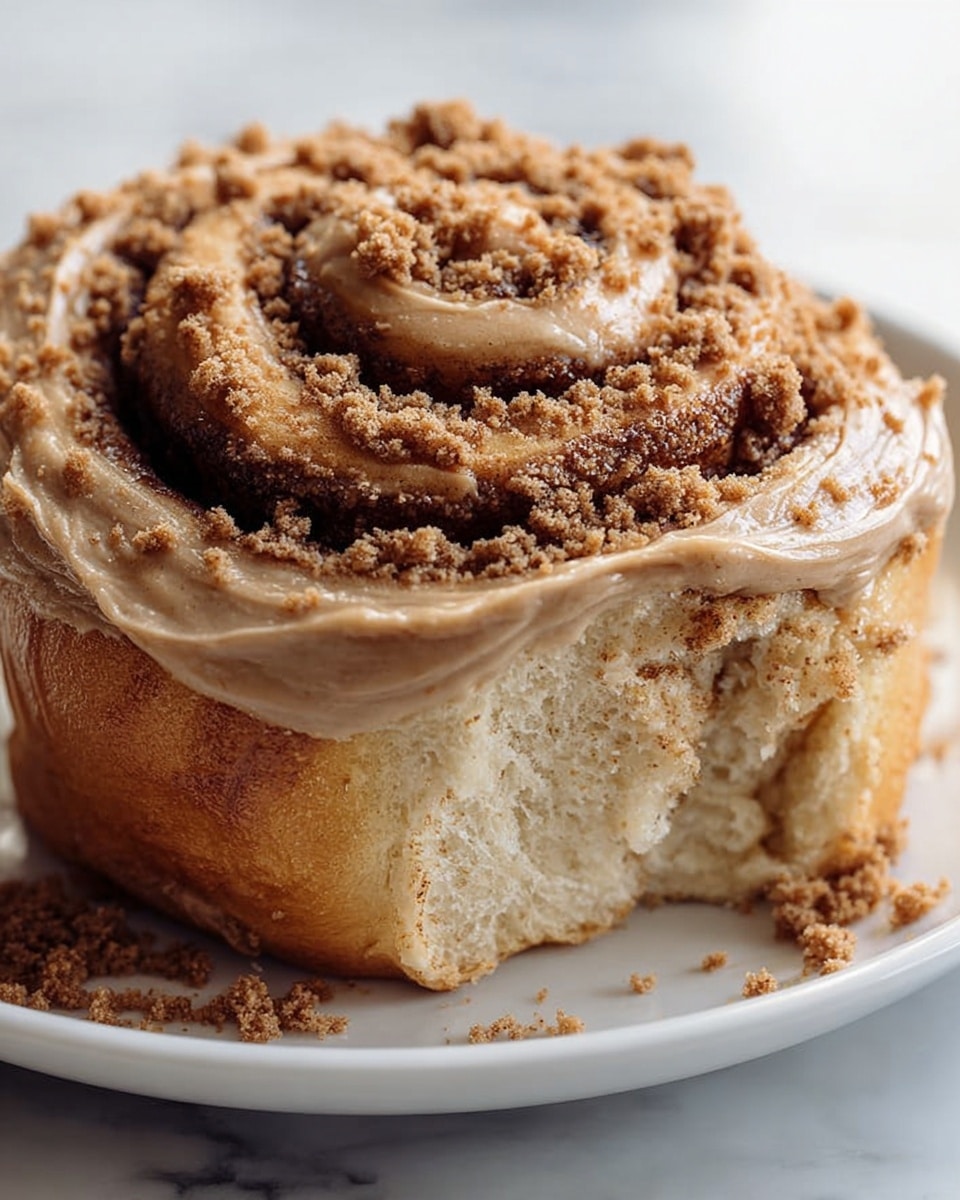 The image shows a close-up of a cinnamon roll with three main layers: the base layer is a soft, light golden brown dough with a fluffy texture and porous surface. The middle layer consists of a darker, spiraled cinnamon filling peeking out from the dough. The top layer is thick, smooth, light brown frosting spread unevenly over the top edge of the roll and sprinkled generously with fine, crumbly brown bits. The cinnamon roll sits on a white plate, placed on a white marbled surface. photo taken with an iphone --ar 4:5 --v 7