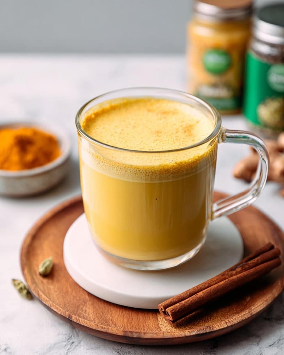 A clear glass mug filled with a warm golden yellow turmeric latte with a smooth, slightly frothy top layer, sitting on a round white coaster placed on a round wooden board with a cinnamon stick beside it, all set against a white marbled textured surface with blurred green and yellow spice containers in the background. Photo taken with an iphone --ar 4:5 --v 7