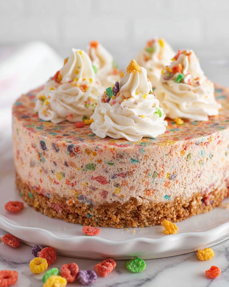 A two-layer round cake on a white plate with a scalloped edge, set on a white marbled surface; the bottom layer is a crumbly, light brown crust with colorful cereal bits, while the thicker top layer is a creamy, speckled beige with more colorful cereal mixed inside. The top surface of the cake has three large swirls of whipped cream, each also speckled with bits of colorful cereal, matching the cake's texture. Around the base of the cake on the plate, there are scattered bright red, green, yellow, purple, and orange cereal pieces, adding a playful and vibrant touch. photo taken with an iphone --ar 4:5 --v 7