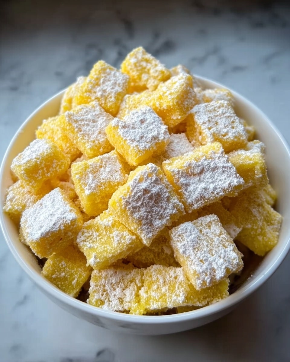 The image shows a white bowl filled with small, square-shaped yellow pieces of food that appear soft and slightly fluffy in texture. These pieces are covered evenly with a light dusting of white powdered sugar, creating a contrast with the vibrant yellow underneath. The bowl is held above a white marbled surface, emphasizing the bright colors of the dish. Photo taken with an iphone --ar 4:5 --v 7