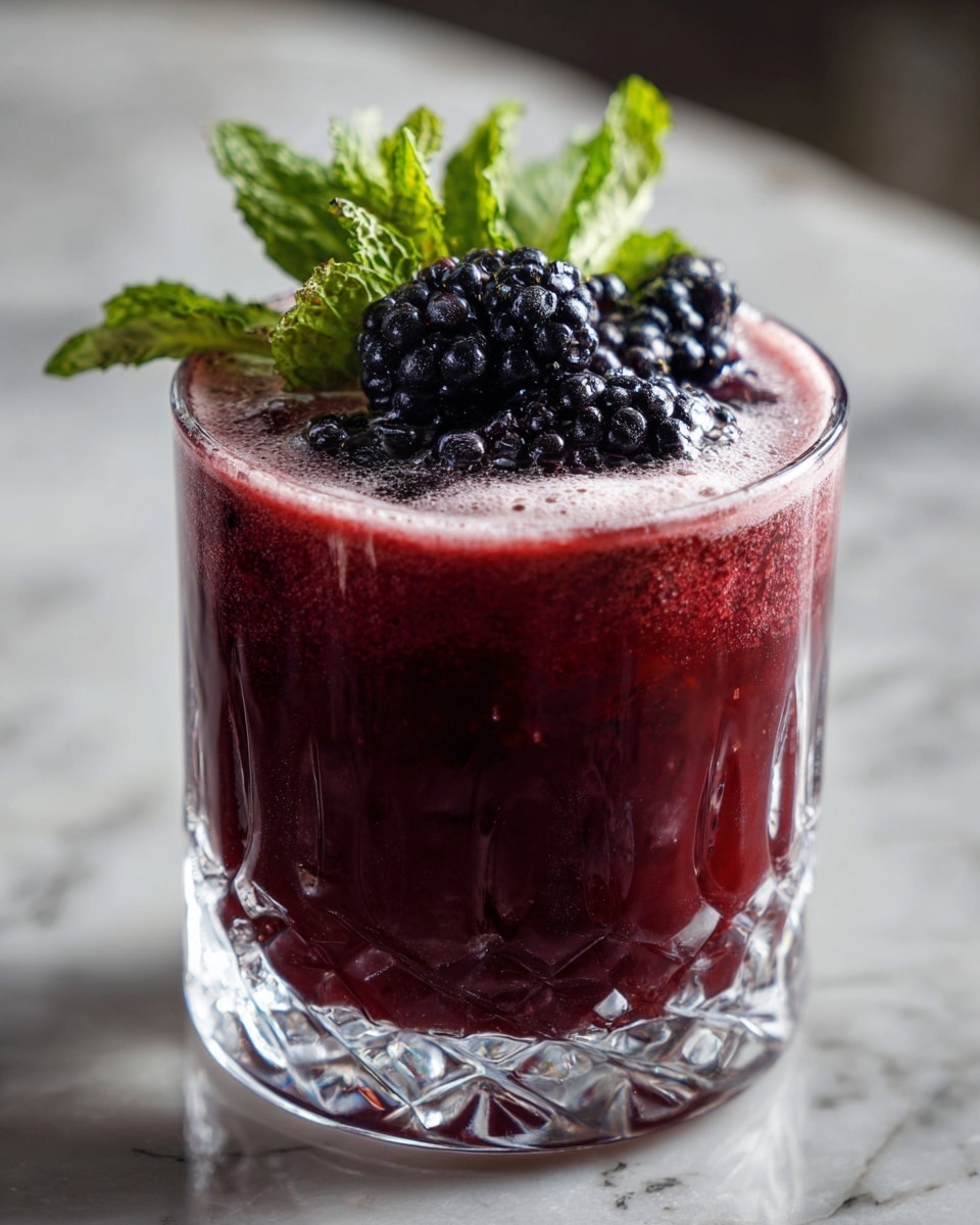 A short clear glass with a textured bottom holds a dark red purple drink filling most of the glass, with a foamy layer on top. The drink is garnished with a cluster of blackberries and a sprig of fresh green mint leaves resting on the foam. The glass sits on a white marbled surface, softly lit to highlight the rich color and texture of the drink. Photo taken with an iphone --ar 4:5 --v 7
