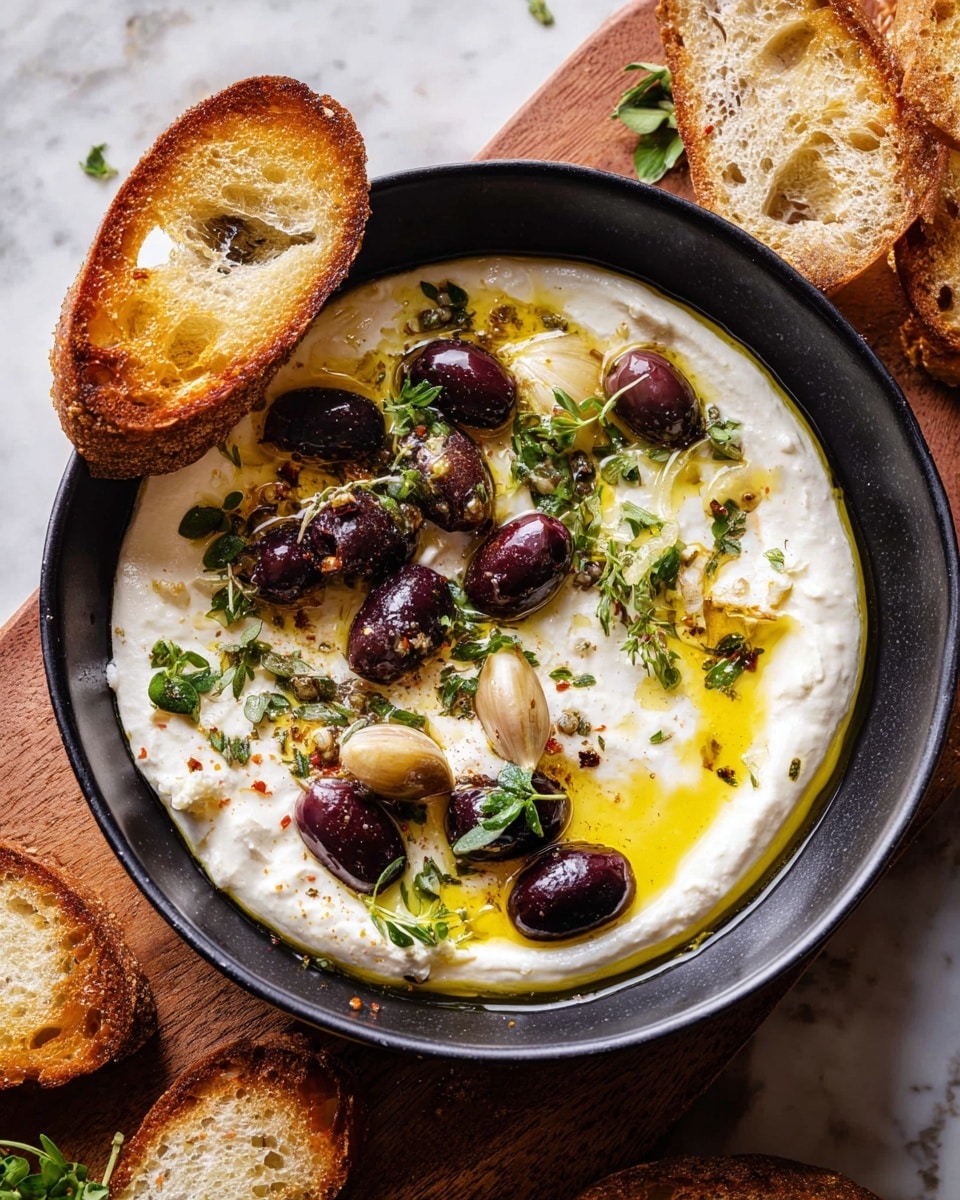 A white rectangular baking dish filled with a mix of green and dark purple olives, roasted garlic cloves, and lemon wedges, all coated in shiny oil. Sprigs of fresh herbs like thyme and dill flowers are scattered on top, adding a touch of green. A silver spoon rests in the dish, lifting some olives and adding a metallic contrast. The dish is placed on a wooden surface, but should be imagined over a white marbled texture. photo taken with an iphone --ar 4:5 --v 7