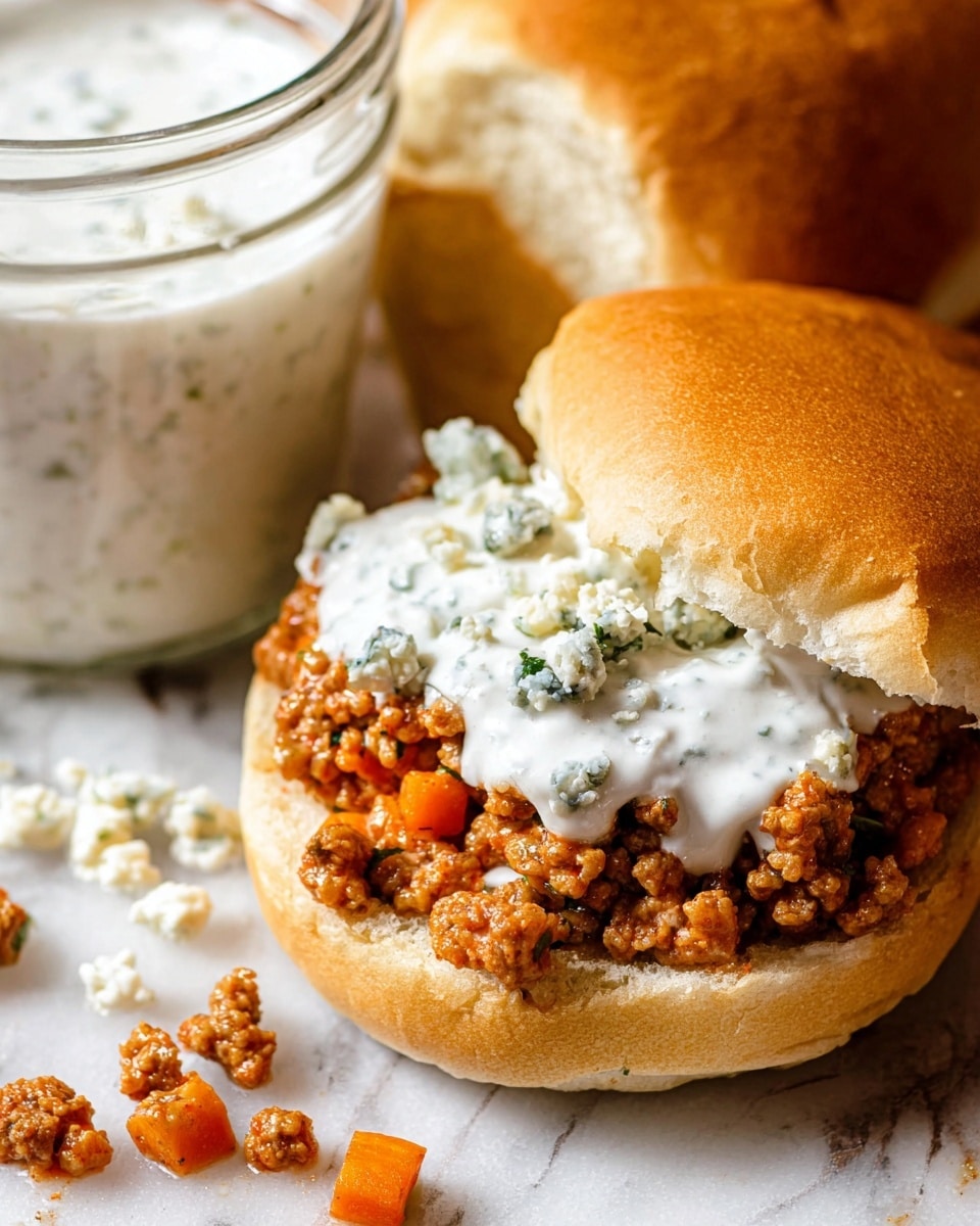 Four sandwiches are arranged on an old metal tray with a worn, brownish surface. Each sandwich features a shiny, golden-brown bun, with the tops partly covering the fillings. The filling layers consist of a chunky, reddish-brown meat and vegetable mixture with visible pieces of orange carrot, topped with a crumbly white cheese scattered all over. Two sandwiches have an extra creamy white sauce with green herb flecks on top of the filling. In the upper right corner, there is a small glass jar filled with the same creamy sauce, with a vintage silver spoon inside it. The tray sits on a white marbled surface. photo taken with an iphone --ar 4:5 --v 7