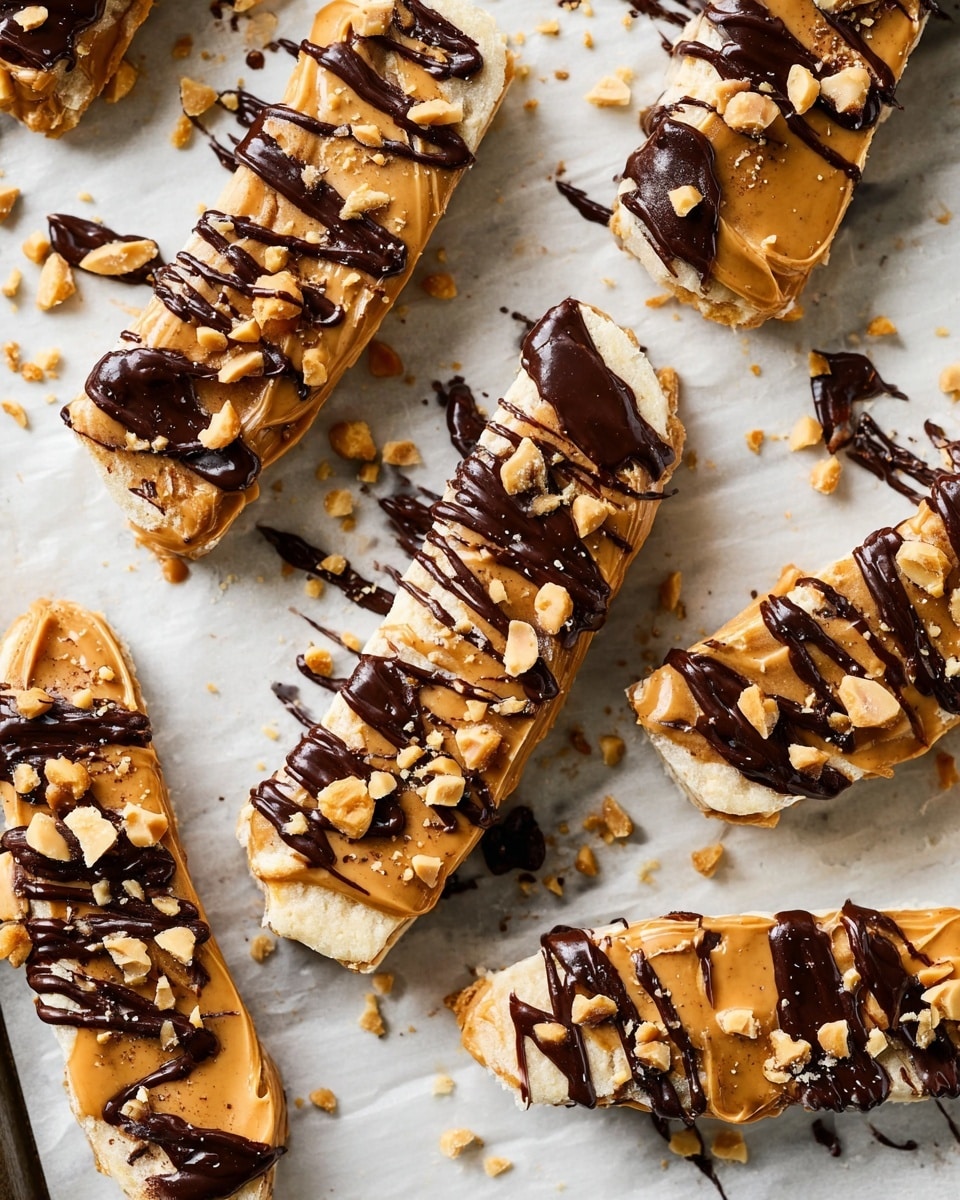 The image shows three rectangular bars arranged diagonally on a white plate, all topped with smooth dark chocolate. Beneath the chocolate layer, there is a yellowish base that looks like nuts or peanut butter. On top of the chocolate, small white pieces of nuts are scattered evenly, adding texture. Around the bars on the plate, few whole nuts and small purple flowers provide decoration. The plate sits on a white marbled surface, and a woman's hand is reaching from the right side, about to pick up the bar closest to the bottom. photo taken with an iphone --ar 4:5 --v 7