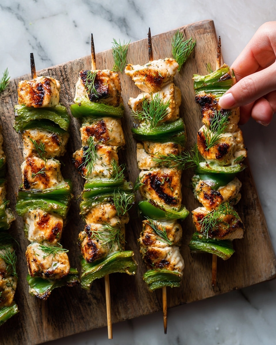 Two wooden skewers are laid on a wooden board, each loaded with grilled chicken pieces and slices of green pickles, arranged alternately in layers. The chicken is golden with slight char marks, showing a tender texture, while the green pickle slices have a glossy, slightly translucent look. A creamy white sauce with herbs lightly covers parts of the chicken and wooden board, with fresh dill sprinkled over the top, adding small, bright green details. In the background, there is a stack of white plates slightly tinted yellow, a clear glass of water, and a small white bowl with more dill. The setting is on a white marbled surface with a green and white patterned cloth nearby. photo taken with an iphone --ar 4:5 --v 7