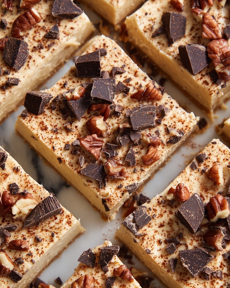 Close-up of a dessert cut into small squares with one obvious layer of creamy, light tan base. The top layer is sprinkled with large, dark brown chocolate chunks and chopped brown pecans scattered unevenly. The surface of the dessert has a light dusting of cinnamon or cocoa powder, adding a fine, speckled texture. The dessert pieces are laid flat on a white marbled surface. photo taken with an iphone --ar 4:5 --v 7