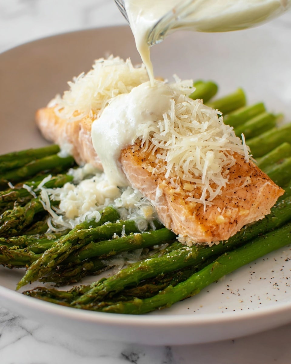 A white plate with a base layer of bright green cooked asparagus, shiny and slightly browned in spots. On top of the asparagus lies a thick, golden brown piece of cooked salmon with black pepper seasoning. The salmon is covered with a fluffy, pale white shredded topping. From above, a creamy white sauce is being poured over the shredded layer, creating a smooth texture contrast. The background is a white marbled surface. photo taken with an iphone --ar 4:5 --v 7