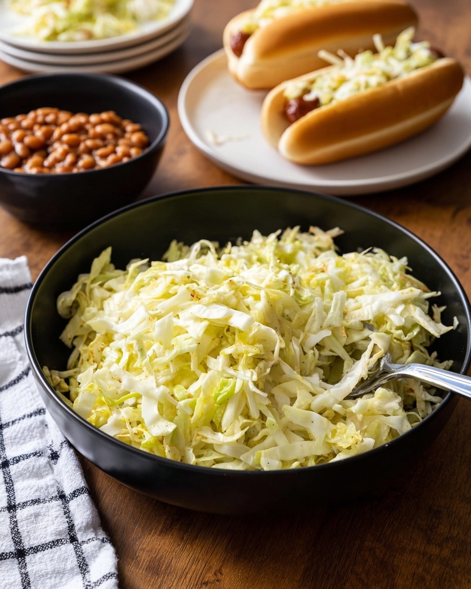 A close-up of a large black bowl filled with creamy, shredded pale yellow-green coleslaw with soft textures and a silver spoon resting inside it at the right side. Behind it, on a white plate, there is a hot dog topped with shredded pale yellow-green coleslaw inside a soft golden bun, and a small black bowl filled with reddish-brown baked beans. Another white plate with a hot dog topped with coleslaw and part of a white and black checkered cloth are partially visible on the left side. The background and surface show a warm wooden texture. Photo taken with an iphone --ar 4:5 --v 7