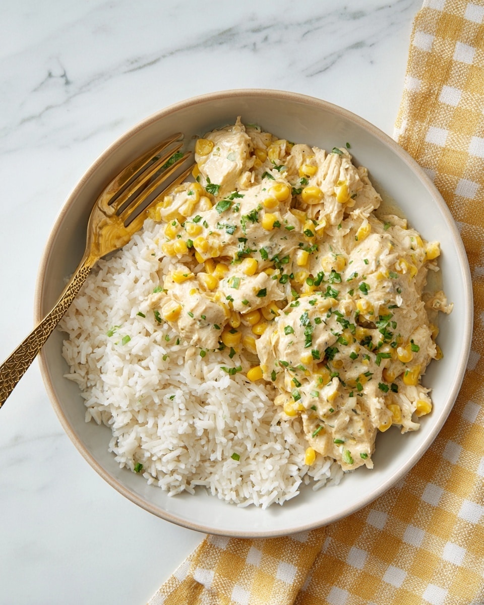 A white bowl holds two main layers; the bottom layer is plain white rice with individual grains visible, and the top layer is a creamy chicken mixture with a light yellow color, dotted with corn kernels and chopped green herbs. The creamy chicken has a soft texture, and the green herbs add small pops of color throughout. A gold fork with a detailed handle rests partially buried in the rice on the left side. The bowl sits on a white marbled surface with a folded yellow and white checkered cloth underneath on the right side. Photo taken with an iphone --ar 4:5 --v 7