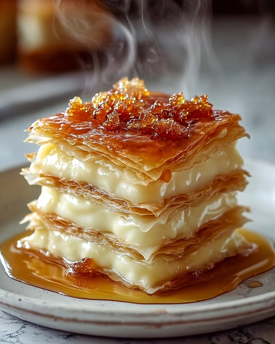A three-layer stack of thin, crispy golden-brown sheets with creamy pale yellow custard filling between each layer, topped with a drizzle of amber syrup and small caramelized bits that glisten. The dessert sits on a white plate with syrup pooling around the base, and steam rises gently from the warm top. The background features a soft, out-of-focus white marbled texture. photo taken with an iphone --ar 4:5 --v 7