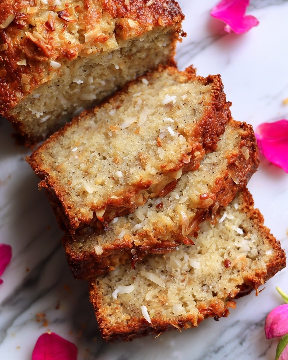 A close-up view of a loaf of banana bread sliced into three thick pieces, showing a dense, moist texture with visible chunks of banana and coconut flakes embedded throughout. The outer crust is golden brown with a slightly crumbly surface, while the inside is light beige with bits of white coconut scattered across the slices. Around the bread, there are a few pink flower petals resting on a white marbled surface, adding subtle color contrast. Photo taken with an iphone --ar 4:5 --v 7