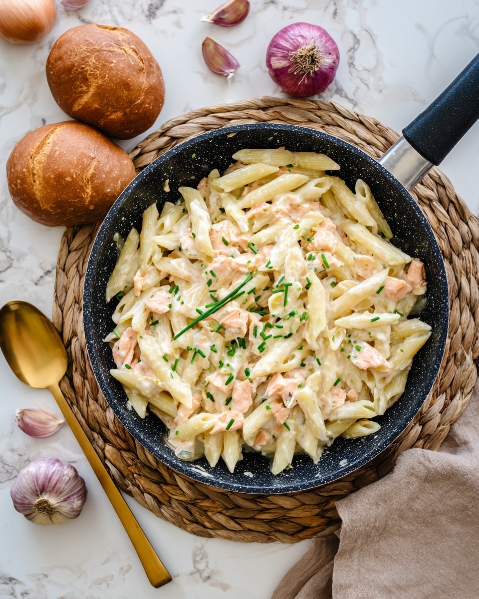 A black speckled frying pan holds creamy penne pasta, about two layers thick, with pale yellow pasta coated in a light white sauce mixed with small pieces of pink salmon scattered evenly through the dish. Fresh green chives are sprinkled on top, adding color and texture. The pan is set on a natural-colored woven mat placed on a white marbled surface. Around the pan, there are some whole shallots and two round brown bread rolls. Photo taken with an iphone --ar 4:5 --v 7