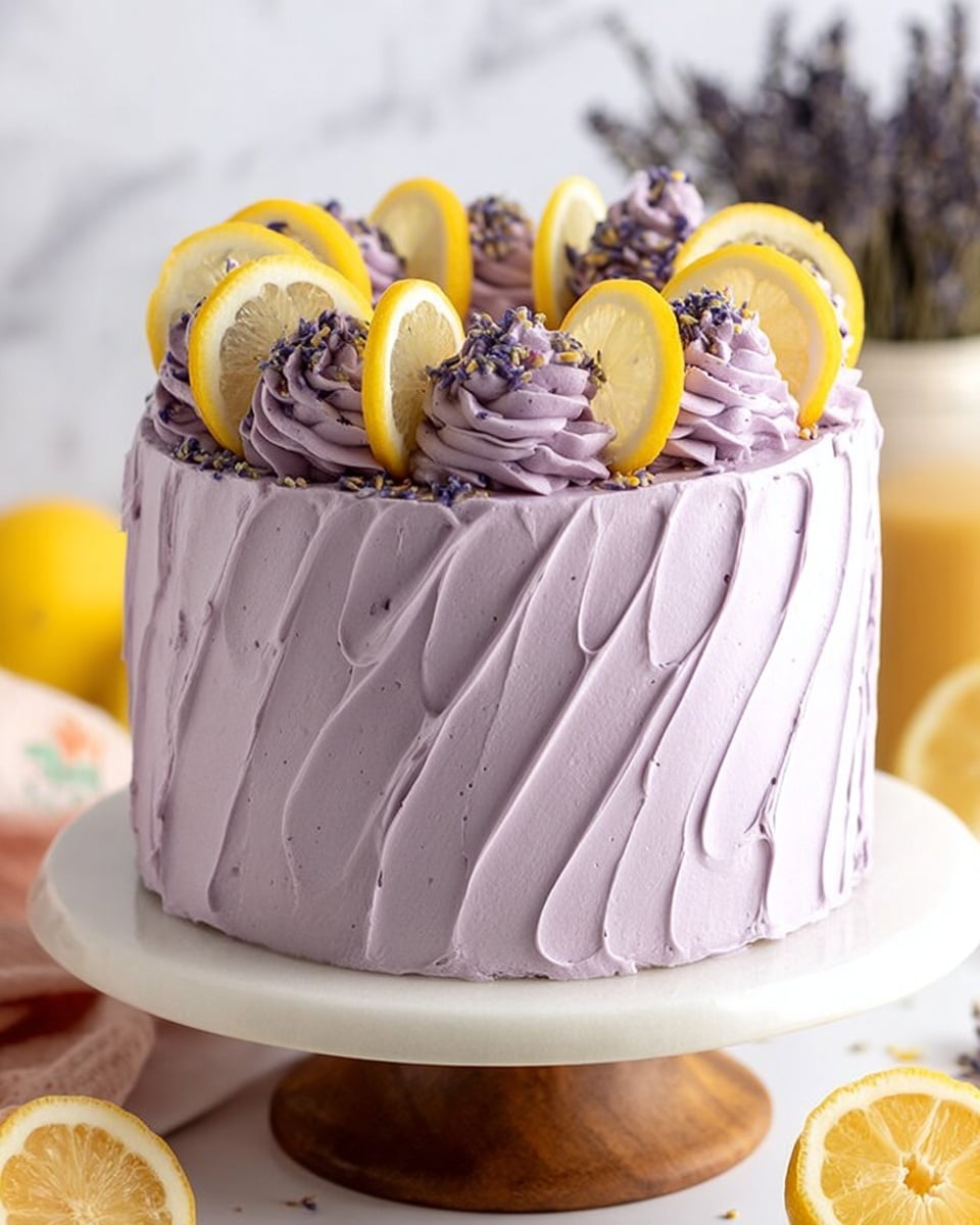 The image shows a tall round cake covered in smooth, light purple frosting with diagonal swirl patterns all around its sides. The top has eight evenly spaced tall swirls of the same purple frosting, each topped with a thin slice of yellow lemon and sprinkled lightly with small lavender flower petals. The cake sits on a white cake board, which is on a wooden cake stand, set against a white marbled background with some blurred yellow lemon slices and sprigs of lavender in the background. Photo taken with an iphone --ar 4:5 --v 7