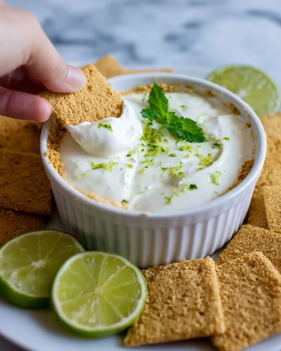 A white ramekin filled with smooth, creamy white dip that has small green lime zest pieces sprinkled on top. Around the edge of the dip sits crumbled golden brown graham crackers. On one side, two fresh lime slices and a few green mint leaves rest beside the dip. A woman's hand is holding a whole golden brown graham cracker dipped halfway into the creamy mixture. The ramekin is on a plate with more graham crackers, all set on a white marbled surface. photo taken with an iphone --ar 4:5 --v 7