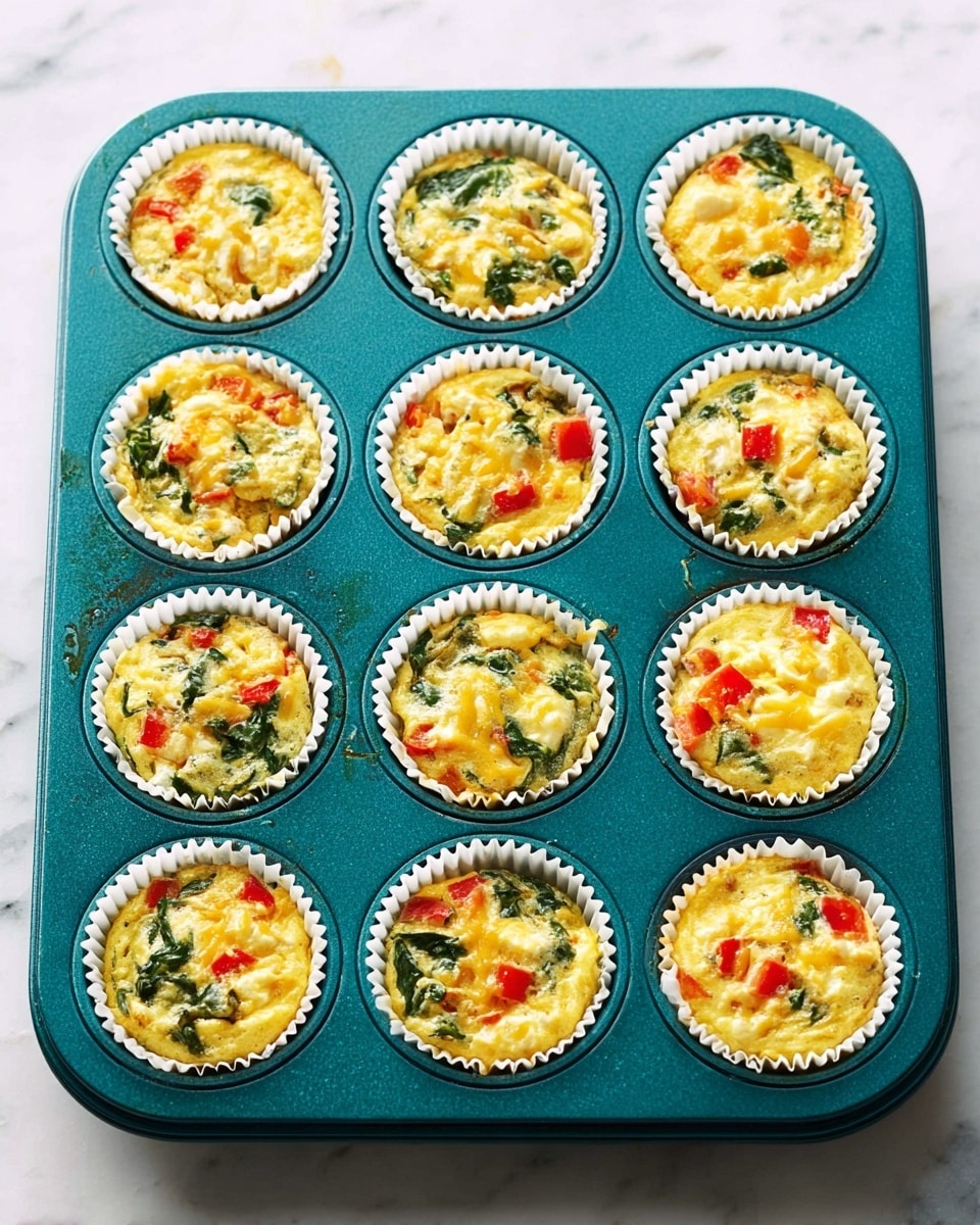A teal muffin tray holds twelve small egg muffins in white paper liners, each muffin showing a mix of yellow cooked eggs with visible pieces of red bell pepper and green spinach evenly distributed throughout. The muffins have a slightly browned and textured top, with some melted cheese visible on a few. The tray is placed on a white marbled surface. photo taken with an iphone --ar 4:5 --v 7