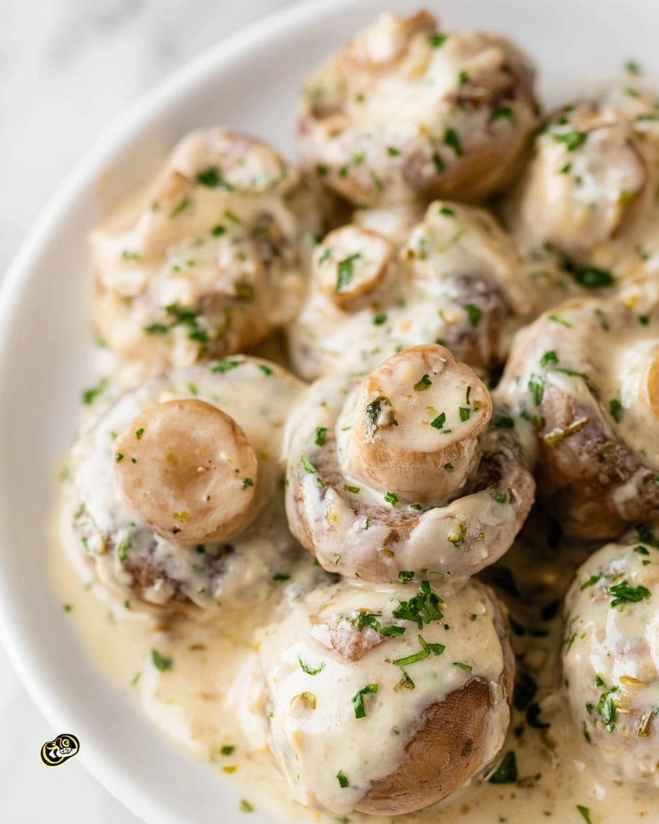 A close-up view of cooked whole mushrooms covered in a creamy white sauce that has green herb bits scattered throughout. The mushrooms have a soft beige color with a slight shine from the sauce, and the sauce has a smooth, thick texture, gently pooling around the mushrooms. The mushrooms are arranged closely together on a white plate, placed on a white marbled surface. Photo taken with an iphone --ar 4:5 --v 7