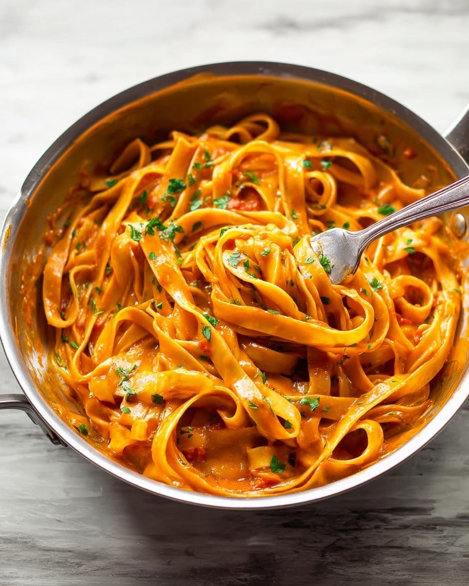 A close-up of a silver pan filled with thick, flat fettuccine pasta coated in a rich orange tomato sauce, with finely chopped green herbs sprinkled on top for color contrast. The pasta strands are layered and twisted, showing a smooth texture with some sauce pooling at the bottom. A metal fork is twirling a portion of the fettuccine in the center, lifting it above the rest. The pan sits on a white marbled surface. photo taken with an iphone --ar 4:5 --v 7