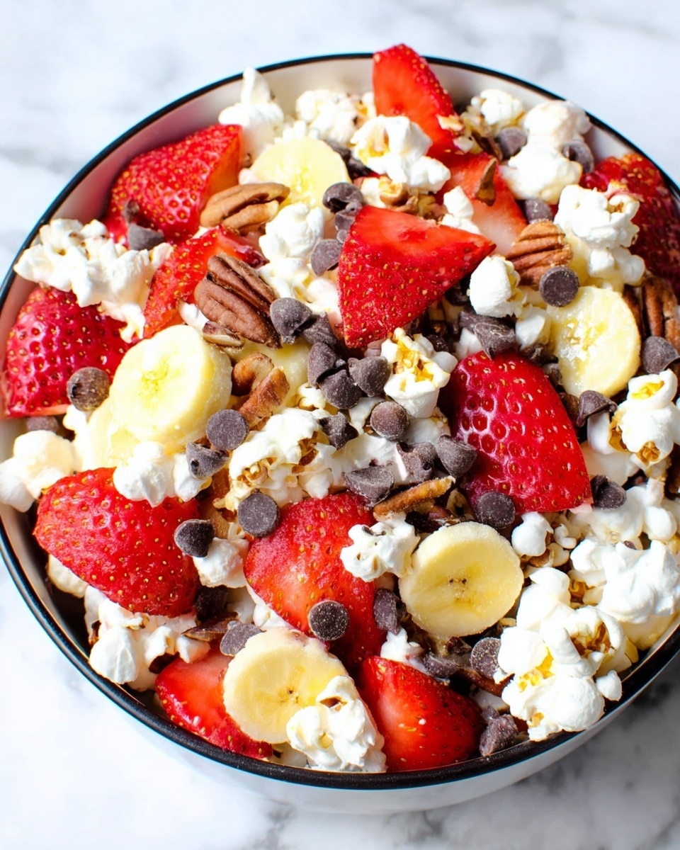 The image shows a white bowl filled with a mix of colorful toppings over a base layer that is mostly hidden. The top layer includes bright red sliced strawberries scattered around, adding a fresh, juicy look. There are also light yellow banana chips dotted on top, offering a crisp texture and contrast in color. White popcorn puffs are spread through the mix, providing a fluffy texture and bright white color. Small dark brown chocolate chips are sprinkled evenly, adding tiny spots of deep color. Pieces of light brown pecans are mixed throughout, giving a crunchy appearance. The bowl sits on a white marbled surface. Photo taken with an iphone --ar 4:5 --v 7