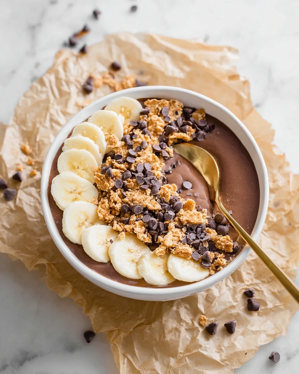 A white bowl filled with a smooth, dark brown base, likely chocolate smoothie or pudding, topped with four layers of thin banana slices arranged in a neat circle around the edges. In the center, there is a generous pile of crunchy clusters in light brown color, with darker small chocolate chips sprinkled all over the banana slices and clusters as well as scattered outside the bowl. A gold spoon is placed inside the bowl on the right side. The bowl sits on crumpled beige parchment paper, all set on a white marbled surface. photo taken with an iphone --ar 4:5 --v 7