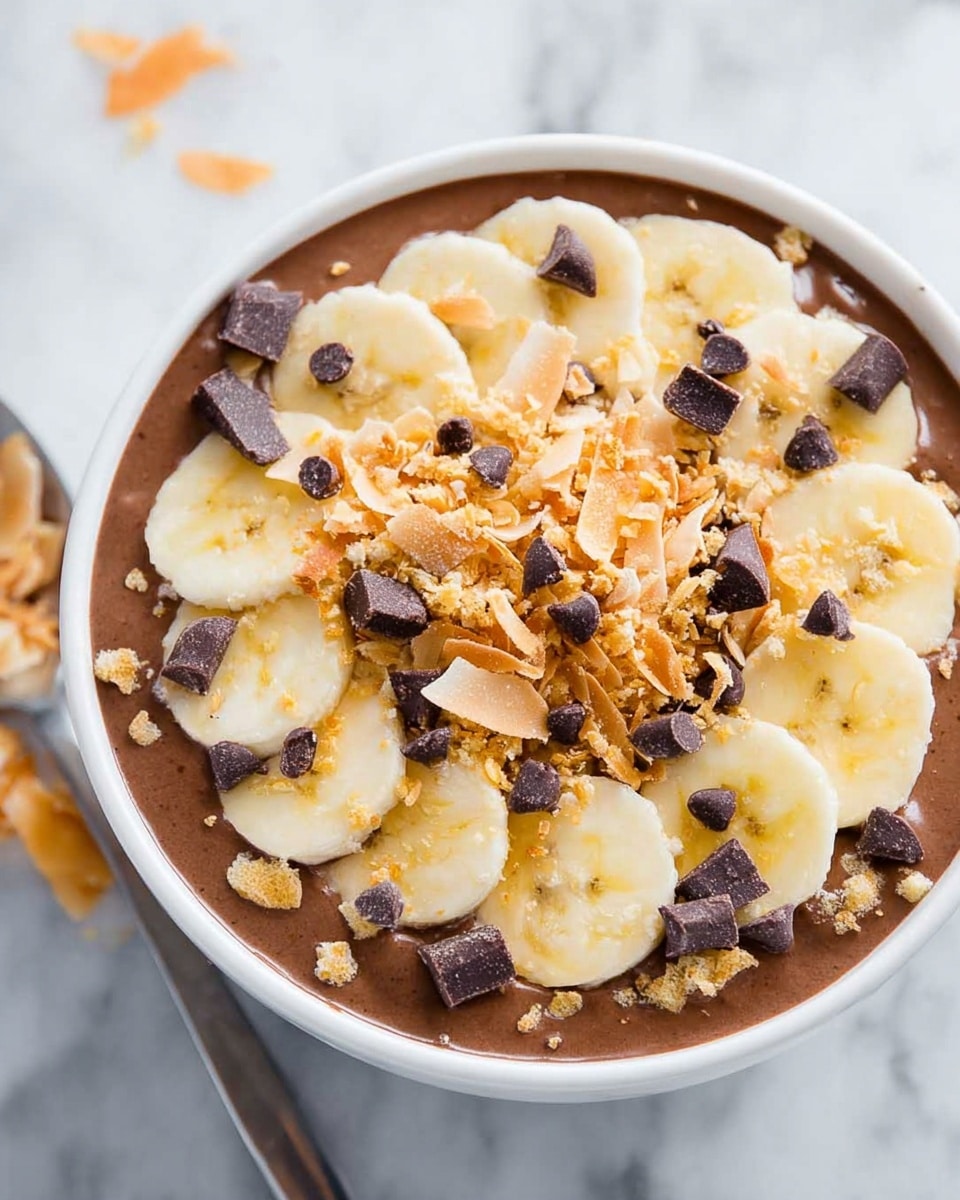 The image shows a white bowl filled with a smooth, dark brown base that looks like chocolate pudding or smoothie. On top, there are evenly placed slices of pale yellow banana arranged in a circular pattern around the edge. Scattered across the bananas and the center are small dark chocolate chips and pieces, adding a textured contrast. At the middle, there is a heap of golden toasted coconut flakes that add a crunchy look. The bowl sits on a white marbled surface, and a silver spoon is partially visible at the side. photo taken with an iphone --ar 4:5 --v 7