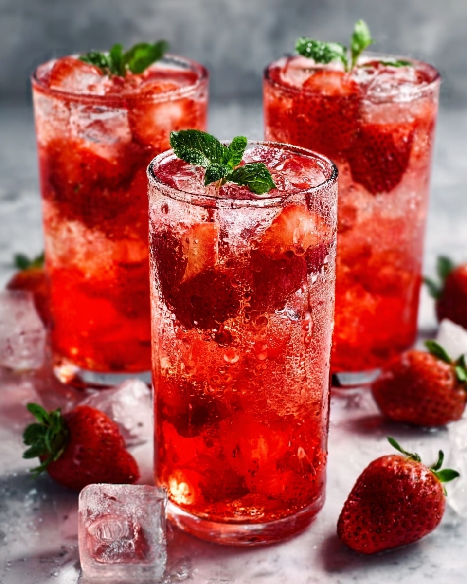Three tall clear glasses filled with a bright red strawberry drink, each layered with ice cubes and fresh strawberries floating inside. The top of each glass is garnished with a small green mint leaf. Condensation drops cover the glass surfaces, making the drinks look cold and refreshing. Scattered whole strawberries and ice cubes lay around the glasses on a white marbled surface. The overall look is vibrant and summery, with a mix of red, green, and transparent textures. Photo taken with an iphone --ar 4:5 --v 7