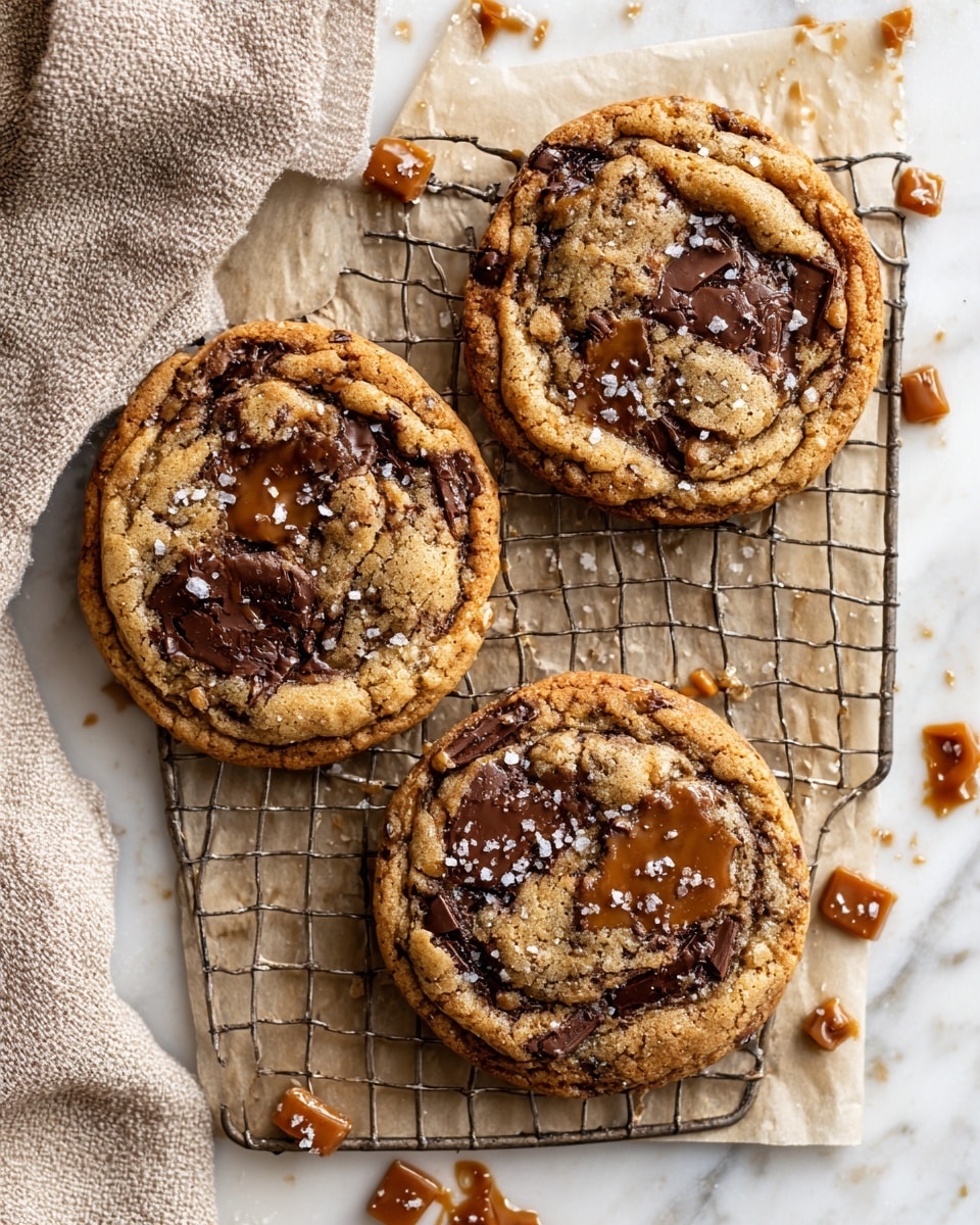 Three large cookies sit on a metal cooling rack lined with parchment paper, placed on a white marbled surface. Each cookie is thick with a golden-brown, crumbly texture featuring visible chunks of dark melted chocolate and patches of caramel brown gooey caramel spread across the top. Light sprinklings of coarse sea salt crystals add a shiny contrast to the warm hues. Small caramel bits and chocolate smears are scattered around the rack, enhancing the fresh-baked feel of the scene. A soft textured beige cloth is partially visible in the top left corner. photo taken with an iphone --ar 4:5 --v 7