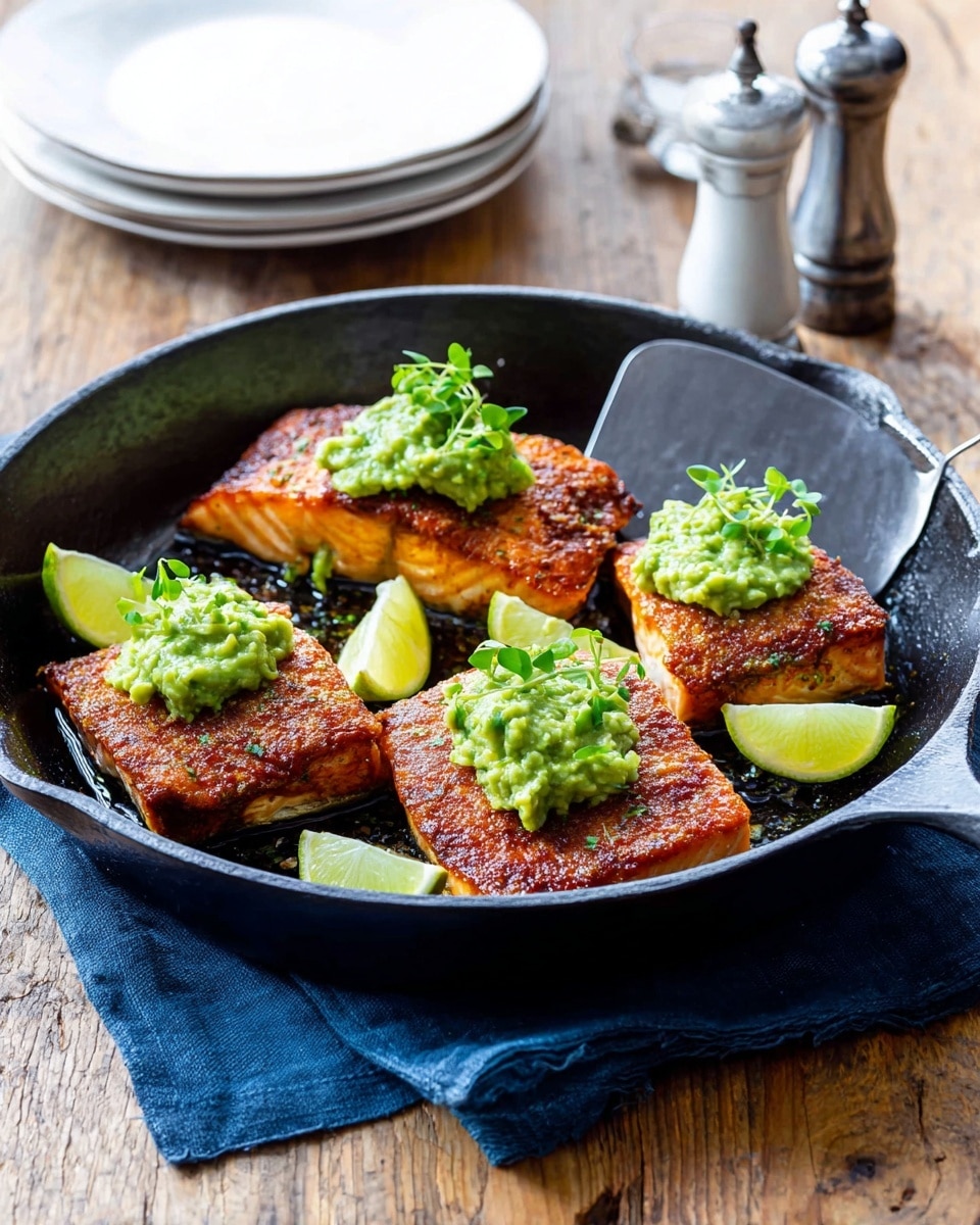A black cast iron pan holds four pieces of cooked salmon with a crispy, golden-brown crust. Each salmon piece has a dollop of green mashed avocado on top, garnished with a small green herb leaf. Bright lime wedges are placed around the salmon inside the pan. The pan rests on a dark blue cloth on a wooden table with a metal serving spatula nearby. Two salt and pepper shakers stand in the background beside a small stack of white plates, all placed on a white marbled surface. Photo taken with an iphone --ar 4:5 --v 7