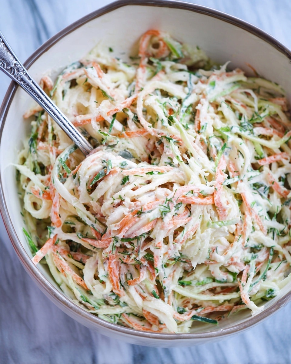 A close-up view of a fresh salad in a white bowl with a silver spoon inside. The salad has thin, long layers of white, light green, and orange strands, mixed with small pieces of darker green herbs. The texture looks creamy and slightly crumbly on top, showing a dressing or cheese mixed in. The bowl sits on a white marbled surface, and the colors of the salad stand out clearly with a fresh, crisp look. Photo taken with an iphone --ar 4:5 --v 7
